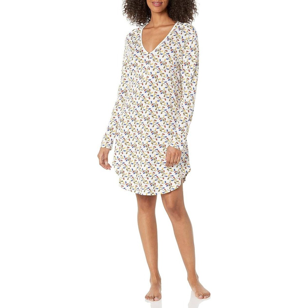 Cosabella Christmas Holiday Multi Lights Sleepshirt V-Neck Button Up M‎ White